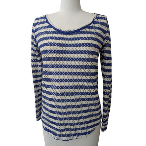 Whetherly women's blue white striped stretch open knit top size small - Picture 1 of 15